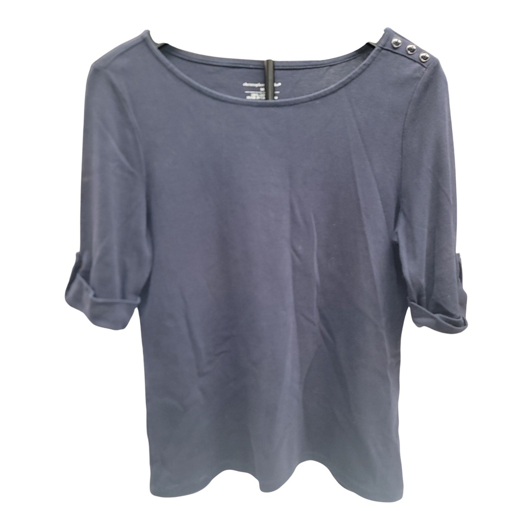 Christopher & Banks Navy Blue 100% Cotton Boat Neck 3/4 Sleeve Button Top Medium